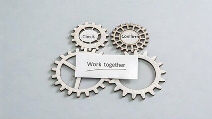 Wooden gears with words Check Confirm and Work together