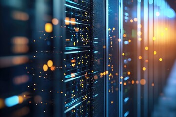Obraz premium Close-up of glowing server racks with blue and orange LED lights in a modern data center, ideal for IT infrastructure, cloud computing, cybersecurity, and digital technology visuals