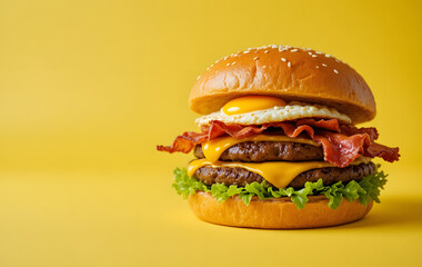 A delicious burger with crispy bacon, a sunny-side-up egg, melted cheese, and a sesame seed bun, placed on the right of the background placed against a vibrant yellow background 