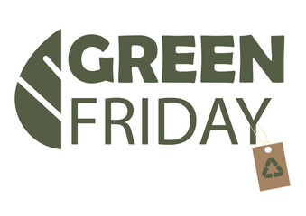 Green Friday logo with bold typography, leaf design, and recycled tag symbol, perfect for eco shopping events, sustainable retail campaigns, and conscious consumer messaging. Vector illustration