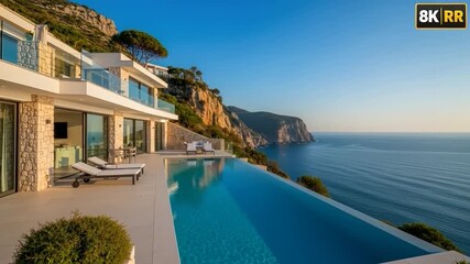 Luxury villa with infinity pool overlooking stunning ocean views, perfect for vacation rentals or high-end real estate promotions showcasing elegant living