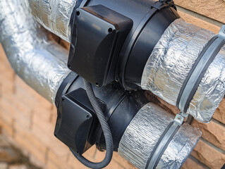 insulated hvac ventilation pipes with electrical control boxes close up