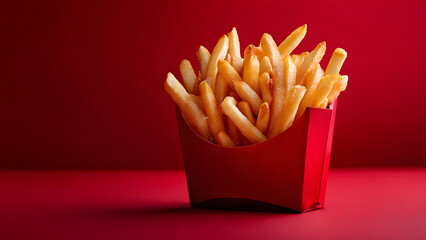 A serving of crispy golden French fries in a red cardboard container, placed against a matching red background. The vibrant colors emphasize the appetizing texture and warmth of the fries