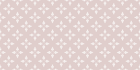 Subtle minimal floral ornament. Elegant vector geometric seamless pattern with small flowers, leaves. Simple minimalist oriental background texture. Light beige color. Repeated design for print, decor