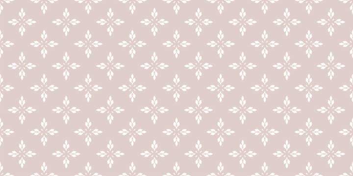Subtle minimal floral ornament. Elegant vector geometric seamless pattern with small flowers, leaves. Simple minimalist oriental background texture. Light beige color. Repeated design for print, decor