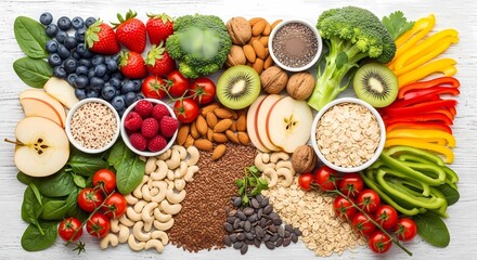 Low Glycemic Index Food Flat Lay – Fruits, Vegetables, Nuts & Grains