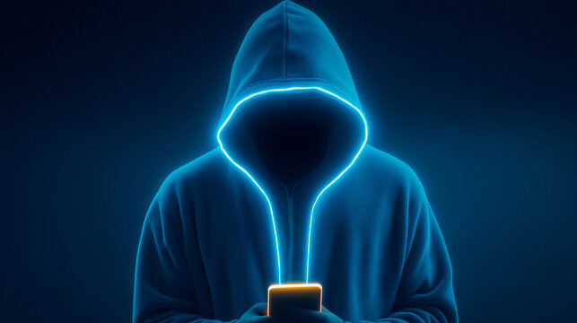 Hooded cyber hacker figure glowing cyan while using smartphone in darkness.