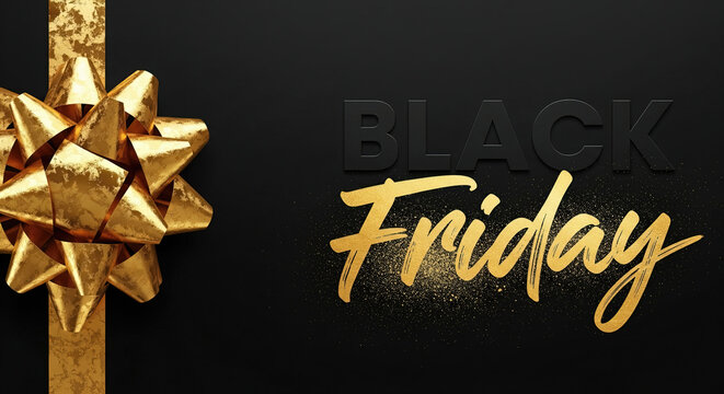 On the left, a large gold gift bow and on the right, gold-lettered Black Friday text. A luxurious shopping atmosphere with discounts.