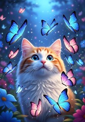 Enchanting Cat Portrait Surrounded by Butterflies in a Dreamy Garden.
