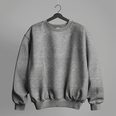 Front view of gray sweatshirt hanging on invisible hanger, no logo, no print, clean studio lighting, soft cotton fabric