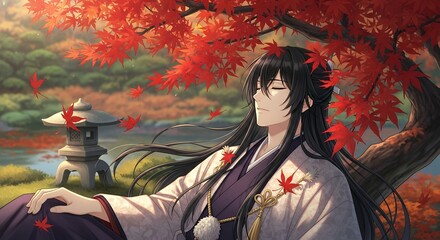 Anime nobleman resting beneath a maple tree, red leaves swirling like fleeting thoughts of love.
