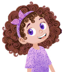 Cute Girl with Curly Hair PNG | Cartoon Character Illustration | Purple Outfit Clipart