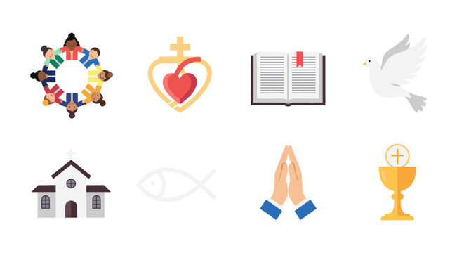 Religion faith symbols christianity spiritual icons church bible dove communion prayer group sacred heart isus