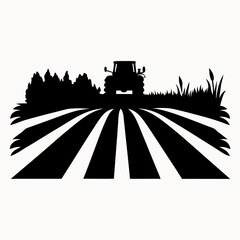 Silhouette of a tractor on a plowed field with trees and grass in the background in black and white