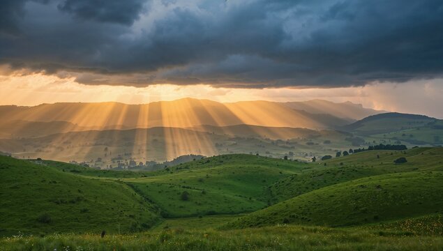 Sunbeams Breaking Through Storm Clouds Over Green Hills