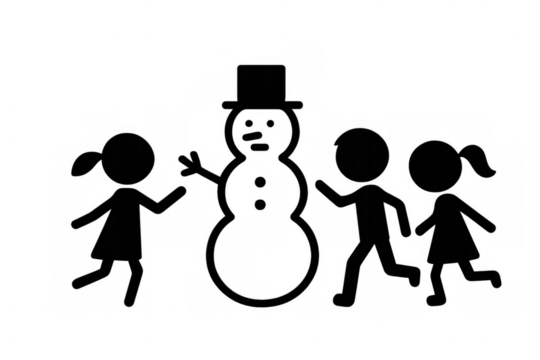 Children playing around a snowman during winter, enjoying seasonal fun, simple stick figure graphic with transparent background