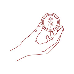 Hand holding a single dollar coin with a dollar sign money