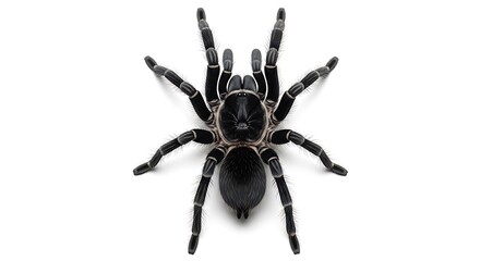 A detailed top down view of a large black funnel web spider isolated on white background