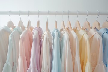 Collection of pastel-colored plain dresses on hangers, minimalist e-commerce clothing photo with soft daylight and white background