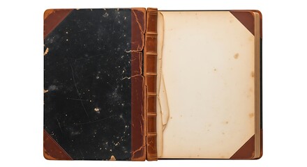 Antique Leather-Bound Book Open on a White Background, Ready for Writing.