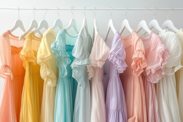 Pastel plain dresses hanging on white background, minimalist fashion photo with soft natural light, e-commerce apparel display