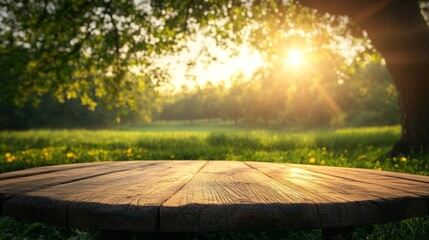 Sunlight in the forest, a wooden table in a clearing with green grass.
Perfect for articles about nature, ecology or outdoor recreation.