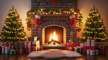 Cozy christmas hearth with glowing fireplace decorated trees and wrapped gifts