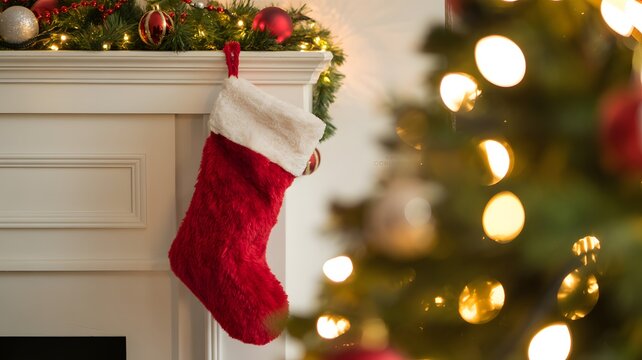 Cozy christmas stocking hung on a fireplace mantle beside a decorated tree with twinkling lights