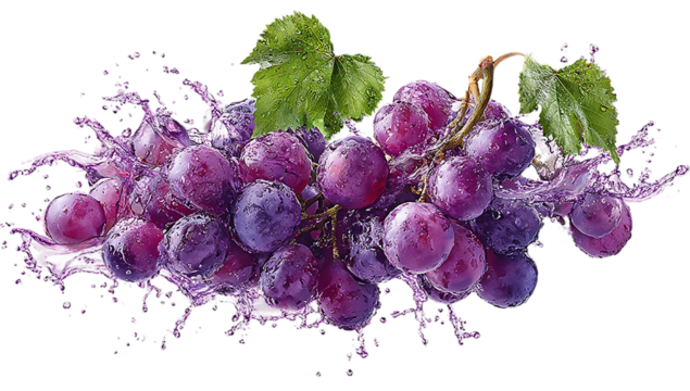 A bunch of purple grapes with water droplets and a green leaf on top isolated on transparent background
