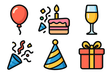 Celebration elements including balloons, cake, and party hats for a festive gathering