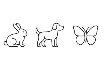 Cute animals including a rabbit, dog, and butterfly in a simple line drawing style