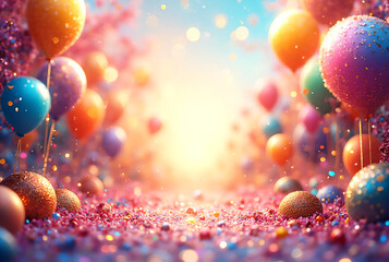 Colorful festive balloons with confetti in celebration background
