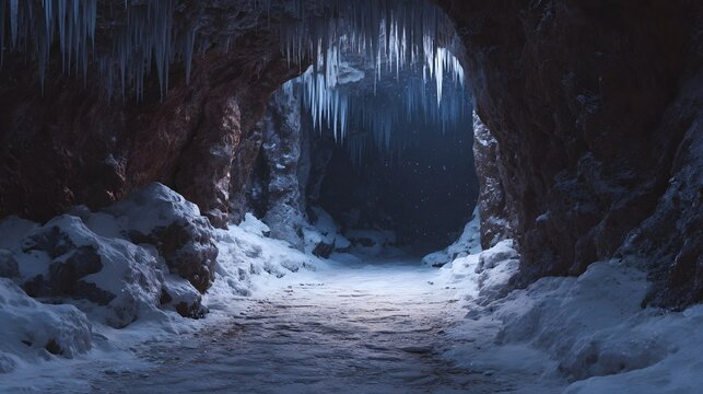 An atmospheric view of a snow covered cave entrance with dramatic icicles and a dimly lit path leading into the deep cold mysterious interior - Powered by Adobe