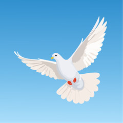 Obraz premium A single, pristine white dove is released, flying upward against a vast, clear, gentle blue sky.