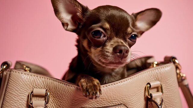 Adorable playful dog sits comfortably in stylish purse with grasping paws, perfectly capturing the concept of playfulness and whimsy while emphasizing the idea of comfort and warmth.