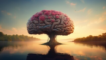 a surreal tree shaped like a brain floating above a lake at dawn