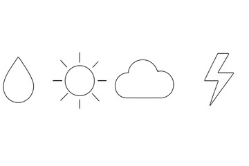 Weather symbols depict different conditions including rain, sun, cloud, and lightning in a simple, clear design