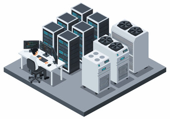 Isometric view of an IT technician monitoring systems at a multi-screen workstation within a data center, surrounded by active server racks and industrial cooling units.