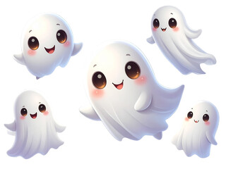 Obraz premium Funny Ghosts Cartoon Characters Isolated on Transparent Background — Cute Halloween Illustration PNG