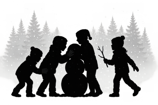 Group of kids working together building a snowman in falling snow, embodying winter fun and childhood joy