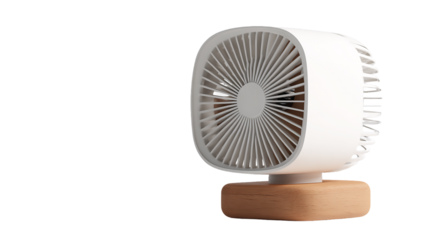 Close up of a small white modern fan with a wooden base on a isolated on transparent background