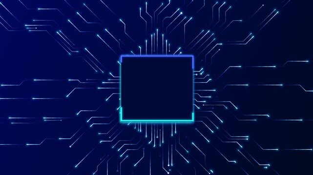 Futuristic Microchip with Glowing Neon Circuits Frame. Digital Technology, and AI in a High-Tech Virtual Interface. Product display background. - Powered by Adobe