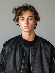 Male model front view in plain black bomber jacket, minimalist fashion look, e-commerce clothing photo