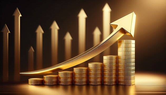 golden arrow on ascending bar chart 3d concept of business growth and financial success - Powered by Adobe