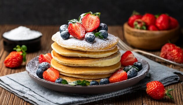 stack of fluffy pancakes with fresh strawberries blueberries and powdered sugar homemade breakfast served on rustic wooden table