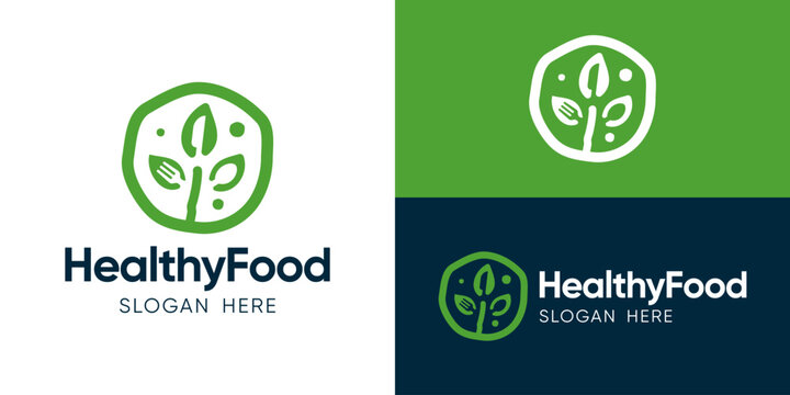 Creative simple healthy food logo template. Abstract circle tree leaf with fork spoon knife for Organic food logo design vector illustration.