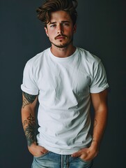 Male model wearing plain white t-shirt and blue jeans, casual standing pose, clean e-commerce fashion photo