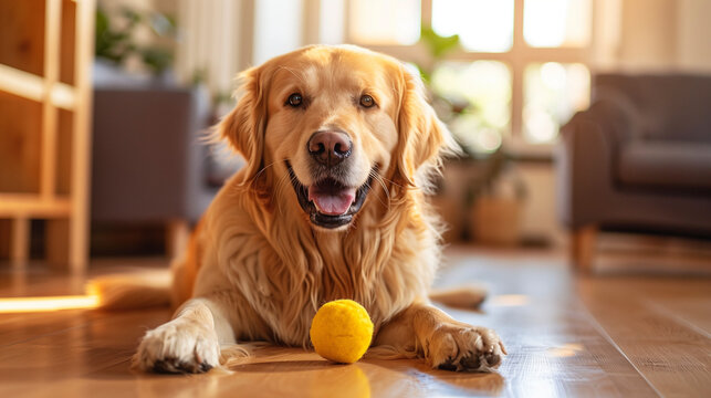 Happy golden retriever lying on wooden floor with yellow ball in cozy living room, adorable pet dog portrait with warm sunlight, friendly home atmosphere and playful domestic animal concept