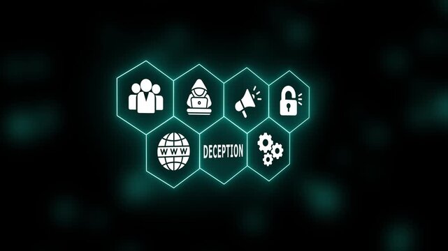 Futuristic cyber deception visualization featuring glowing icons representing misinformation tactics, digital fraud, manipulation risk, and online security awareness.