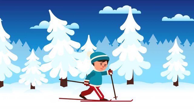 Boy skiing through a snowy winter forest. Child gliding on skis among pine trees covered with snow. Looped cartoon animation.